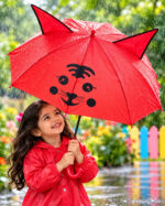 Kids Red Cartoon Face Umbrella with Cute Ears – 60 cm Diameter